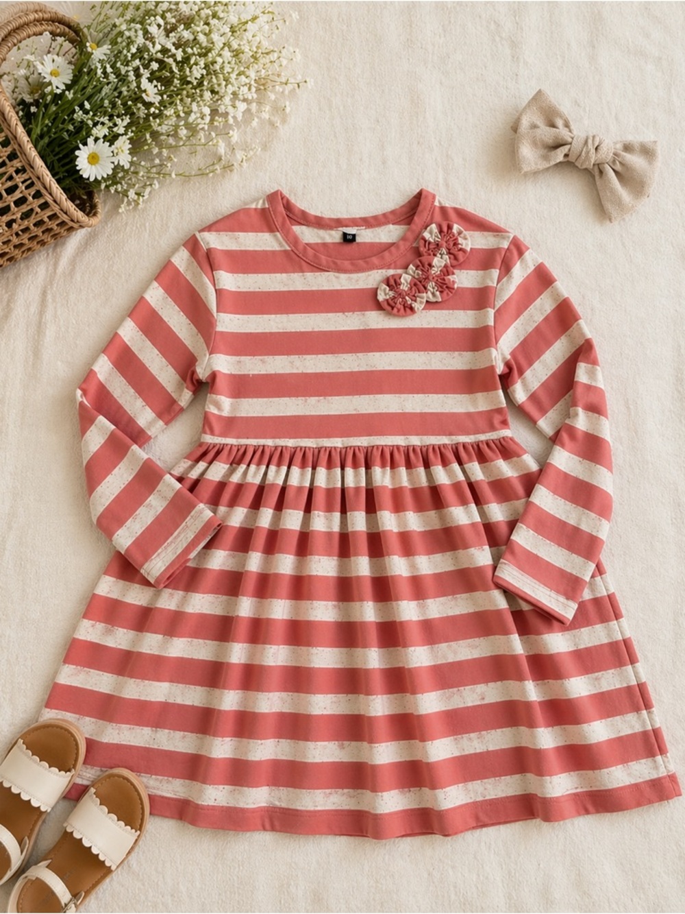 Tea Collection Girls Twirl Dress Coral Stripe Rosette Size 10